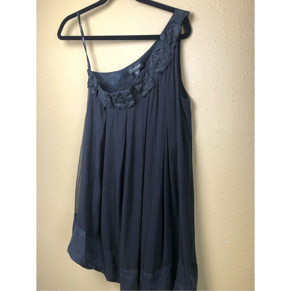 Bebe Black Silk One Shoulder Dress Embellished Neck Size S - Picture 11 of 11